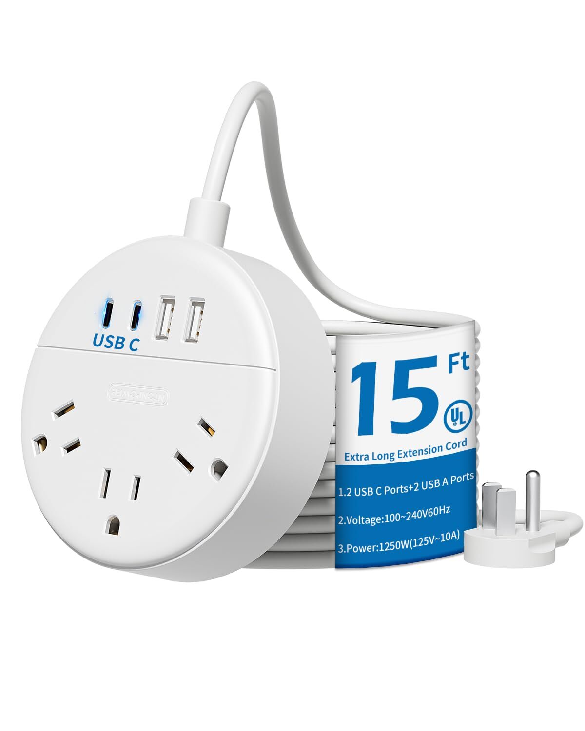 15 FT Extension Cord Flat Plug Power Strip with 4 USB Ports2 USB C Long Exten...