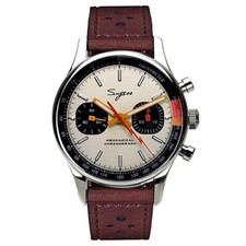 Sugess Chrono Meccanico Pelle Crema Marrone Acciaio Vintage Orologio Uomo