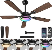 52" Ceiling Fan with Light, Remote & APP Control, Low Profile RGB Ceiling Fans L