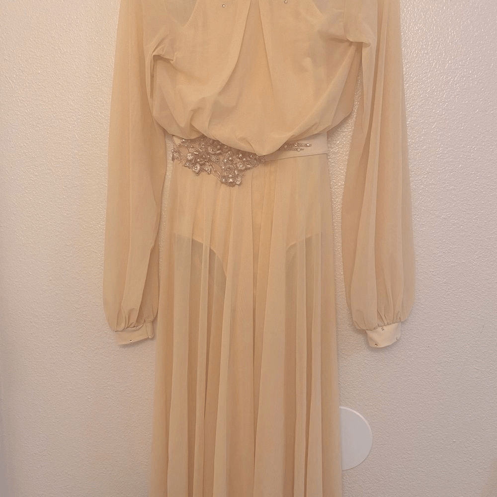 Custom solo dance costume lyrical mesh dress rhinestone ivory yellow nude illusi image 3