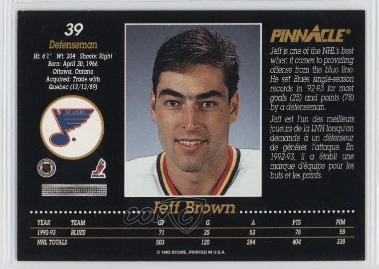 1993-94 Pinnacle French Jeff Brown #39 - Image 2 of 2