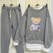 New Teddy Print Fleece Tracksuit Set - Comfortable and Cute