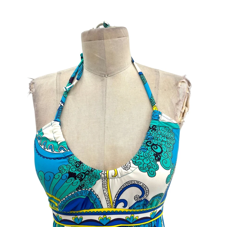 Camiseta Tankini Trina Turk Ipanema Estampado Geométrico Halter Natación Blanco Azul Talla US 6 Foto 2 de 4