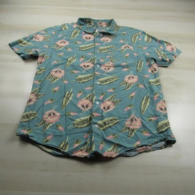 RVCA Shirt Mens Medium Green Pink Floral Button Down Cotton Luke Pelletier