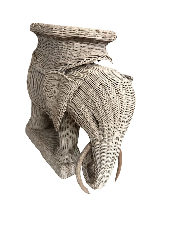 Vintage White Wicker / Rattan Elephant Table w/ Removable Tray Top – Boho - Image 4 of 4
