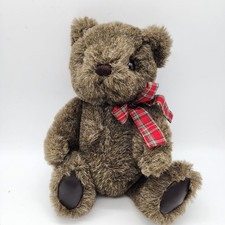 Vintage Gund Jointed Brown Teddy Bear 12" Plaid Bow Leather Feet Yarn Nose 1982