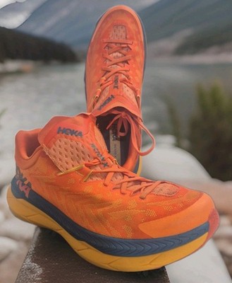 Hoka Tecton X Mens Size 12D Trail Running Shoes Orange Yellow Blue Carbon