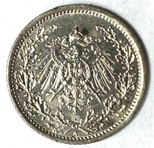 1916 A Germany 1/2 Mark Silver Coin KM#17