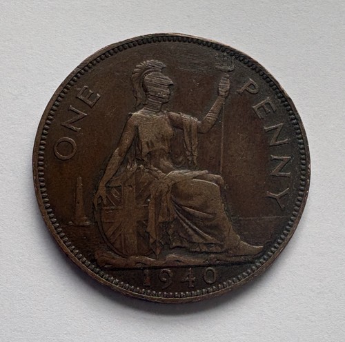 United Kingdom 1 Penny 1940 KM#845 George VI Britannia WWII Damaged Coin