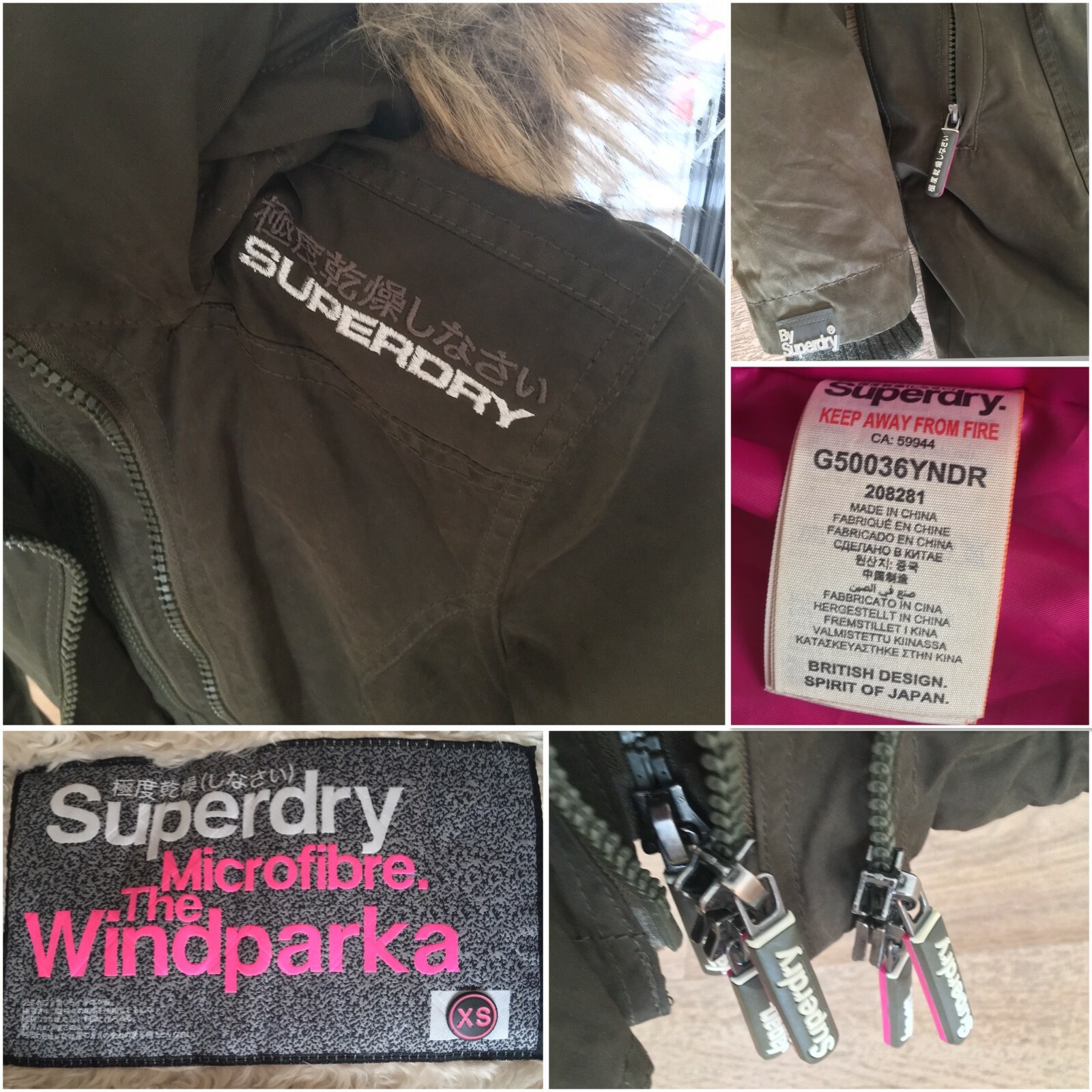 Womens XS Green Superdry Microfibre The WindParka Winter Jacket Removable Fur image 3