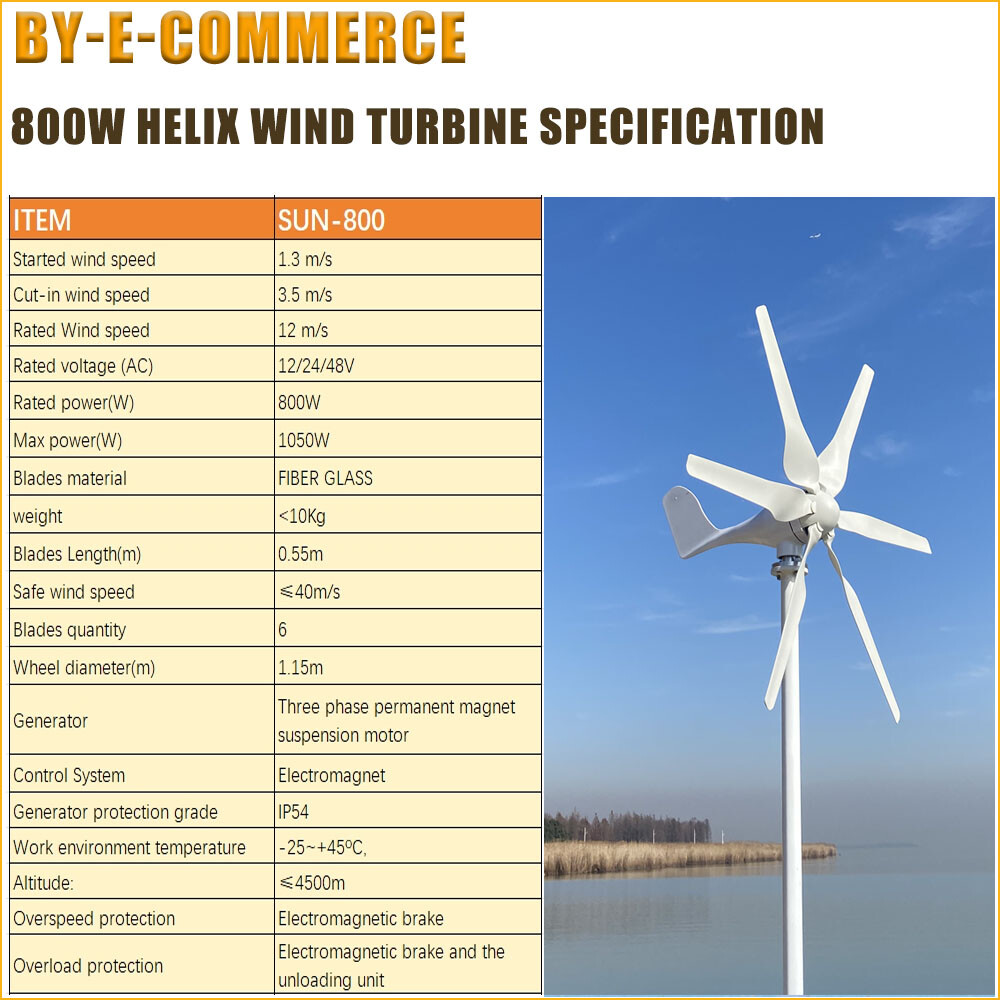 800W Peak 6Blades 12V/24V/48V Horizontal Wind Turbine Generator