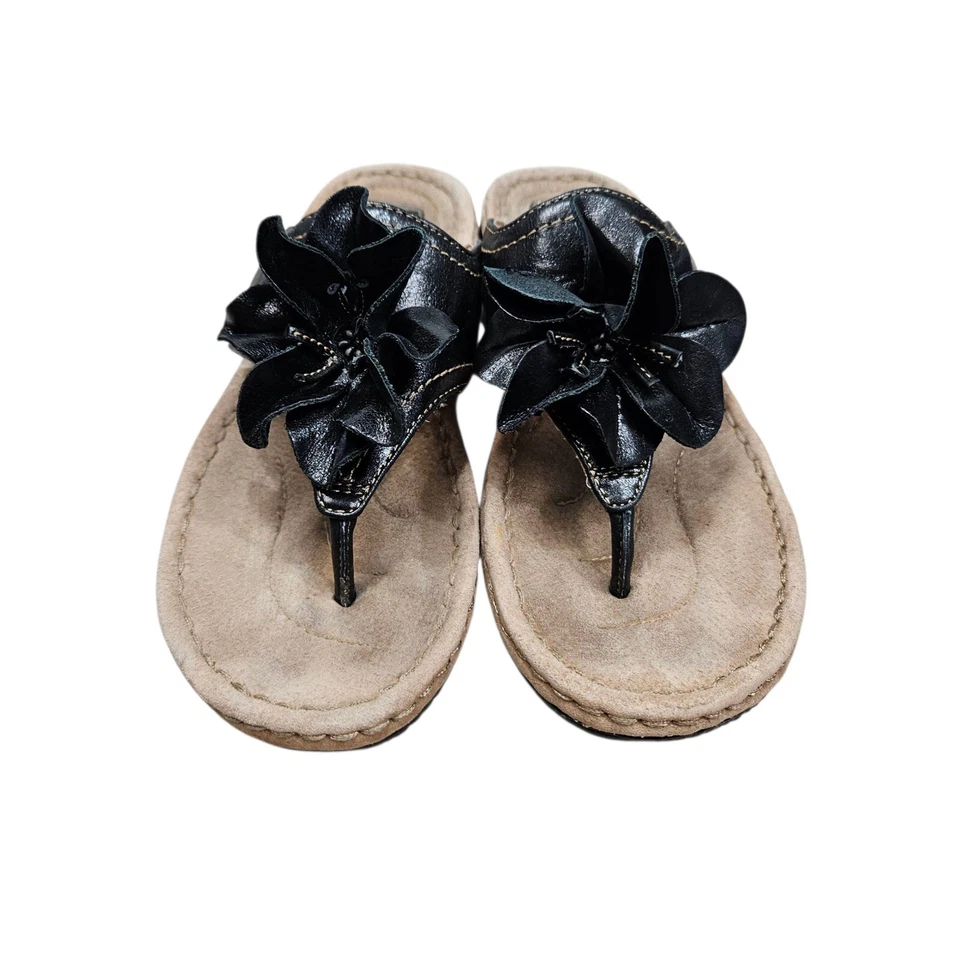 Sandalias Clarks Artesanales 3D Cuero Flor Tanga Cómodas Toboganes Cuña Negra Talla 9 Foto 2 de 4