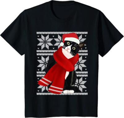 Ugly Christmas Black Cat Santa Hat Scarf Holiday Cute Youth Unisex T-shirt