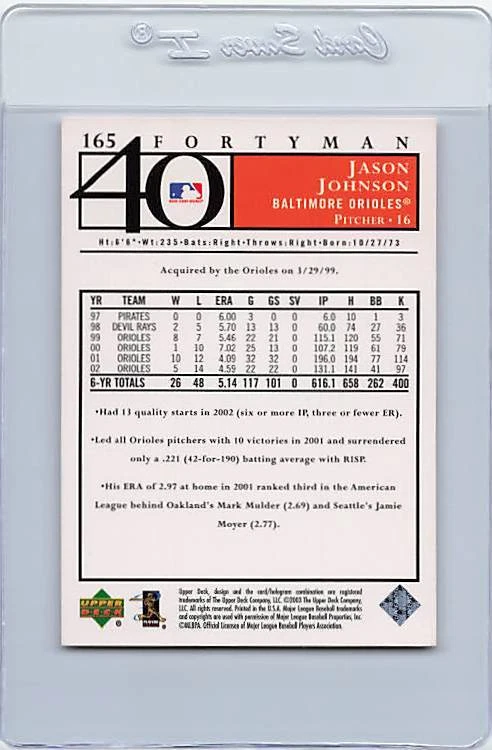 2003 Upper Deck 40 Man #165 Jason Johnson Orioles Signed Auto *G9286 - Image 2 of 2