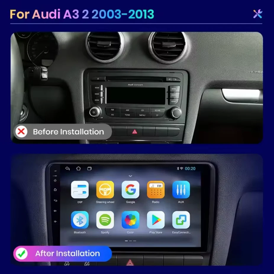 Autoradio Touch per Audi A3 8P 2003–2013 GPS CarPlay Android Auto Stereo GPS - Immagine 2 di 4
