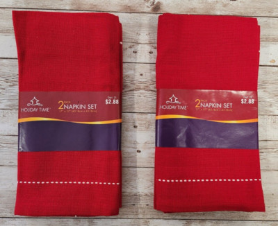 Holiday Time Red White Line 100% Cotton Fabric Napkin Set Pack of 4 17'' x 17''