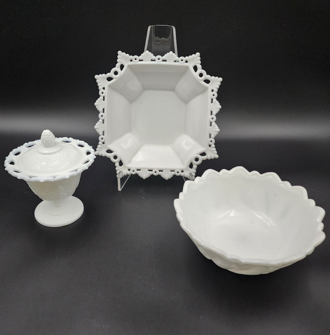 Indianna Glass Milk Glass Bowl & Lidded Compote & Westmoreland Bowl 3-pce Lot