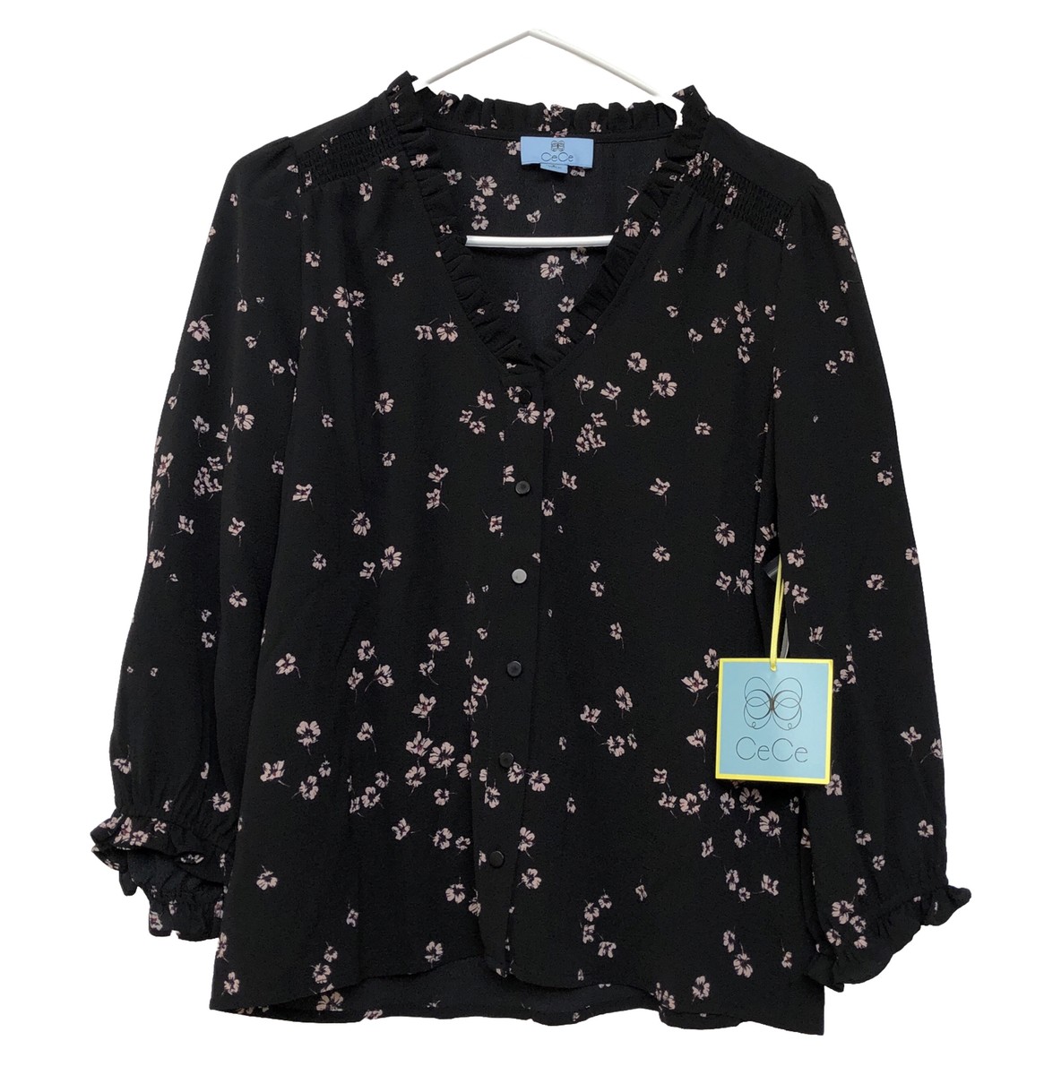 Cece Woman Chiffon Blouse S Black/pink Floral V-ruffled-neck
