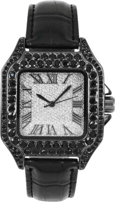 Techno Pave 32mm Iced Out Black Leather Band Watch   Square Shape, Roman Dial