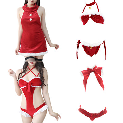 Womens Nightwear Mini Christmas Costume Party Lingerie Set Cutout Bikini Dress