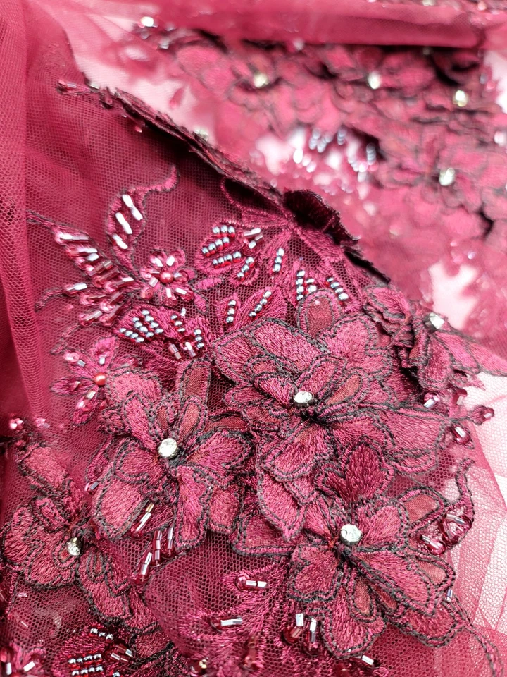 Burgundy Fashion Fabric By The Yard 3D Flowers Mesh 3d Lace Embroidery Floral - Image 3 of 4