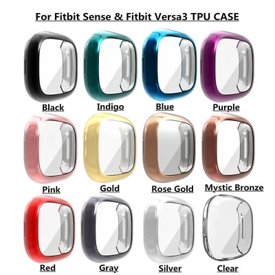 QVBWORLD For Fitbit Versa 3 Sense Protective Bumper Screen Protector Case TPU Full Cover