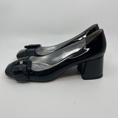 Prada Black Patent Leather Slip On Heels 37.5 Buckle Italy | eBay