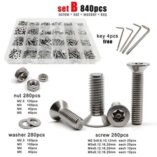 270/840pcs SS304 Torx Flat Countersunk Head with Pin Security Screw Bolt Set Kit