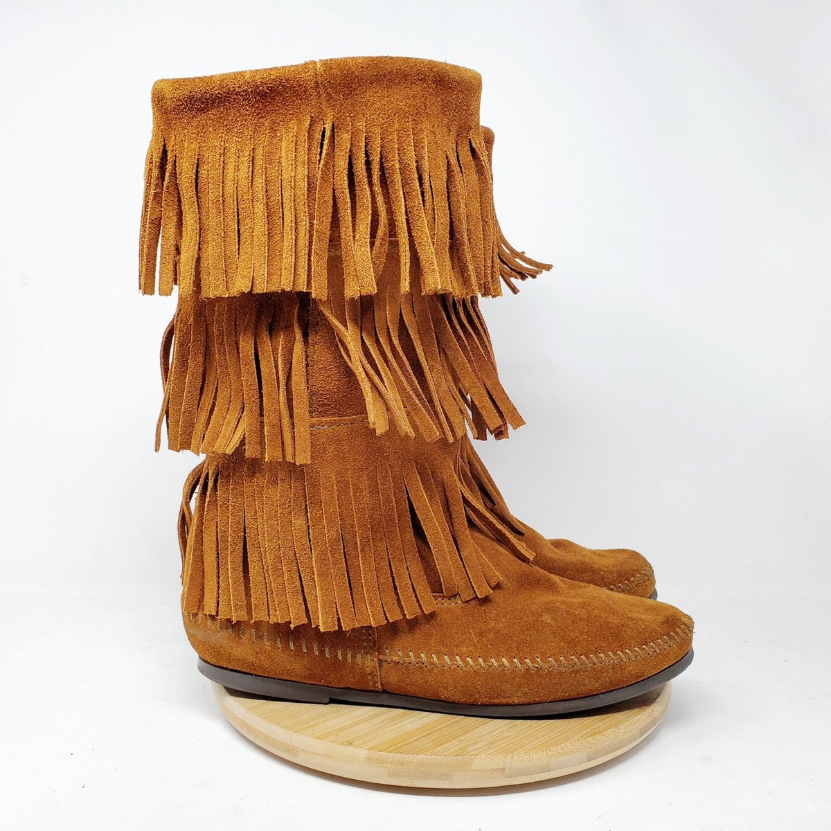 Minnetonka Boots Womens Layer Fringe Brown Suede Shoes Minimalist  Festival