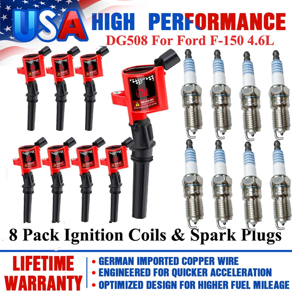 Paquete de 8 bobinas de encendido rojas y bujía de iridio para Ford F-150 4,6 L DG508 SP479 Foto 2 de 4