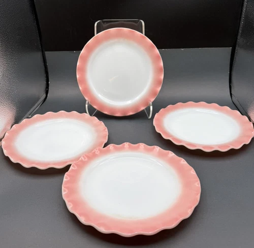 4 Vtg 1950s Hazel Atlas Crinoline Ripple Pink Salad Plates Milk Glass 6” MCM