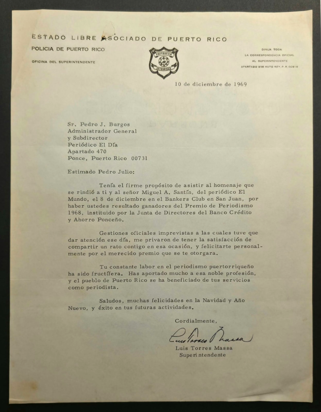 VINTAGE LETTER / PUERTO RICO POLICE / 1969 | eBay