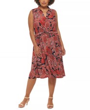 Tommy Hilfiger Plus 14W Paisley Print Twist-Front Midi Dress Fit Flare NWT