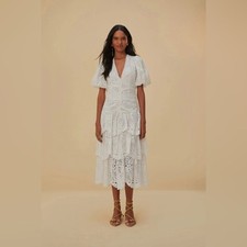 NWT Farm Rio White Cotton Midi Eyelet Dress Puffed Sleeve XL