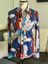Vintage 1970s Novelty Print Train Locomotive Dagger Collar Disco Blouse Art Deco