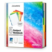 CRANBURY 5-Subject Notebook College Ruled, Movable Pocket 8.5x11", Colorful