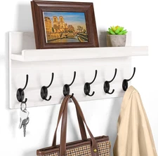 Shelf with Hooks, Coat Rack Wall Mount with 6 Double Metal Hooks, 17 Inch Farmho