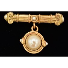 Vintage Bar Dangle Pin Brooch Brushed Gold Imitation Pearl Heavy Chunky 80s BinB