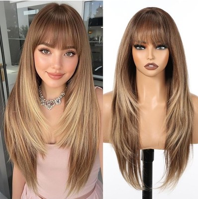 Brown Wig with Bangs for Women, 26 inch Long Wavy Brown Highlight Wig, Body w...