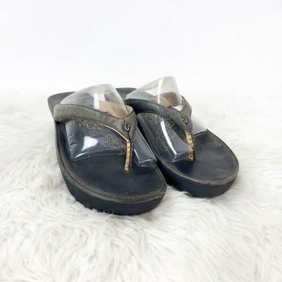OluKai 9 Womens Black Leather Paniola Slide Y2K Thong Platform Wedge Sandals