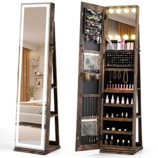360° Swivel Jewelry Cabinet w/ Lighted Full Length Mirror & Back Shelves, Lights