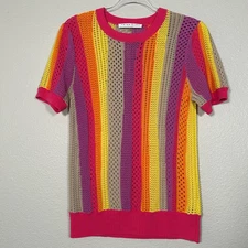 Trina Turk size L short sleeve open knit sweater colorful stripe 100% cotton