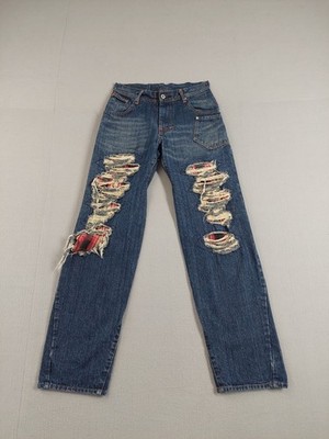 Oni Denim Men Jean 28 Blue Denim Straight Leg Distressed Flannel Patches Retro