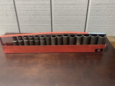 VINTAGE WRIGHT TOOL 1/2  Dr METRIC DEEP 15pc IMPACT SOCKET SET 10mm - 24mm Tray