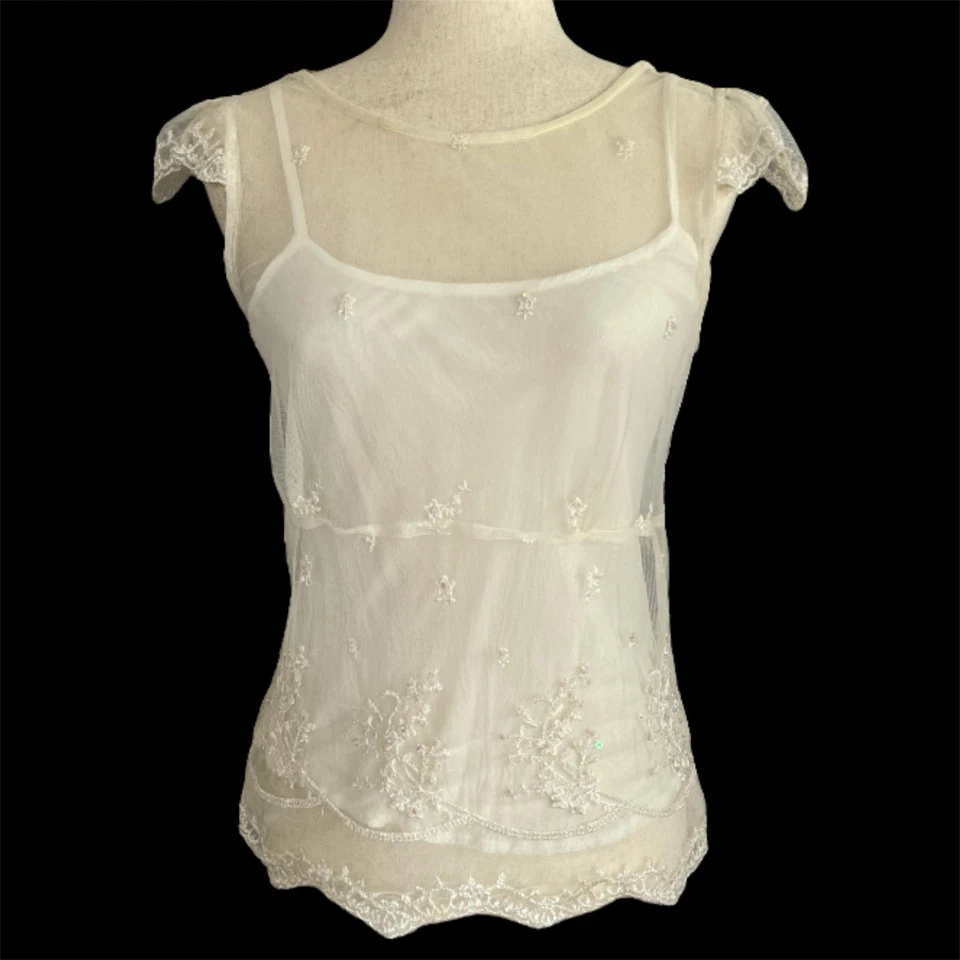 Forever 21 Sheer Vintage Y2K Top Size M Dainty Fairycore Floral Embroidered Mesh - Image 2 of 4