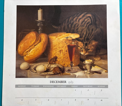 Vintage 1989 Cat Mouse Cheese Still Life Calendar Page Kitchen Art Print Decor