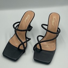 Black High Heel Mule Slip On Strappy Chunky Square Open Toe Sandal Shoe 8.5