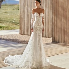 Elegant Mermaid Wedding Dresses Lace Appliques Off Shoulder Backless Bridal Gown