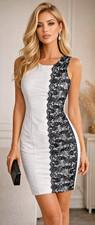 Black & White Bodycon Dress w/ Lace Panel, Stretch, Sleeveless – Women’s M