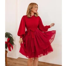 NEW Ivy City Co L Short Cosette Dress Red Tulle Long Sleeve